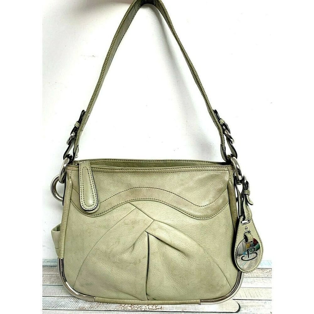 B. Makowsky SHABBY MOSS GREEN GENUINE LEATHER ZIP TOP HOBO SHOULDER BAG HANDBAG